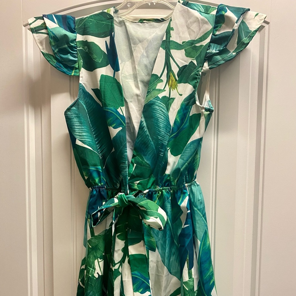 Palm print open front romper